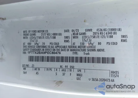 2023 Ford F-250 Xl из США, поврежденный, VIN 1FT7X2BA9PEC80476